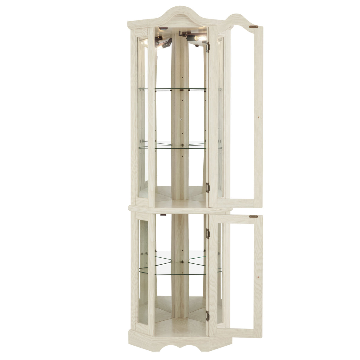 Curio Cabinet Lighted Glass Display Curio Cabinet w/Tempered Glass Doors and Shelves, Crown Corner Cabinet with Bulb, Corner Storage Decoration for Living room and Bedroom WHI