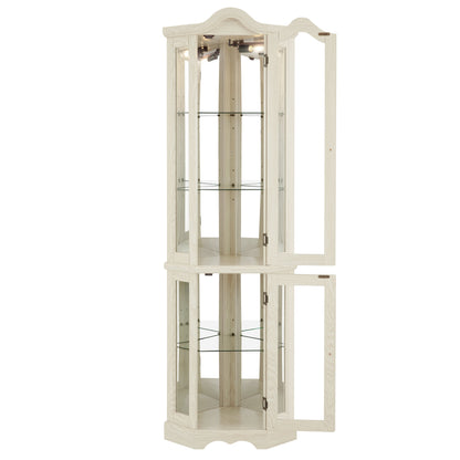 Curio Cabinet Lighted Glass Display Curio Cabinet w/Tempered Glass Doors and Shelves, Crown Corner Cabinet with Bulb, Corner Storage Decoration for Living room and Bedroom WHI