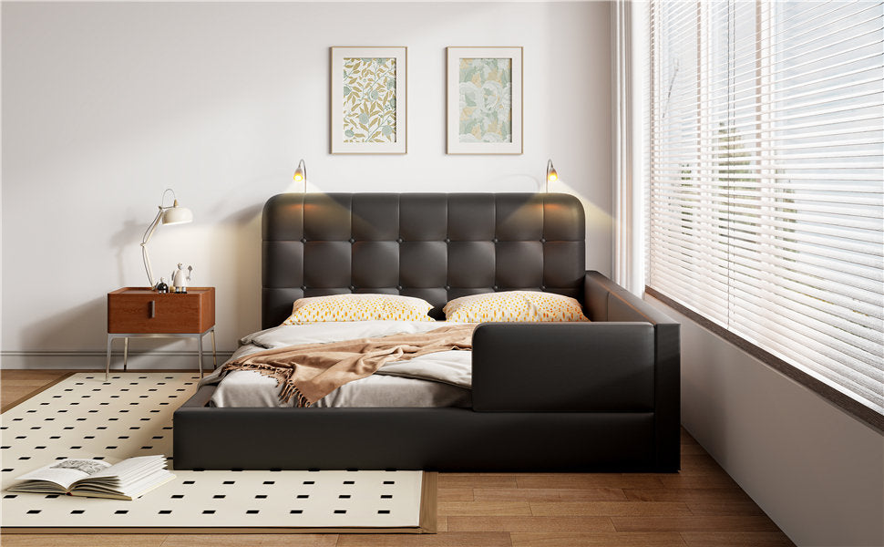 Queen Size Upholstered Platform Bed with 2 Reading Lights, Black