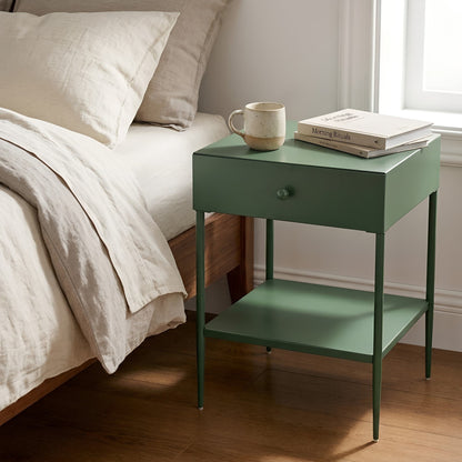 Colette Vintage Green Metal 1-Drawer Nightstand with Bottom Shelf & Tapered Legs