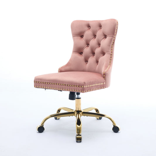 A&A Furniture Office Chair, Modern Velvet Upholstered Tufted Button Home Office Chair with Golden Metal Base - Pink