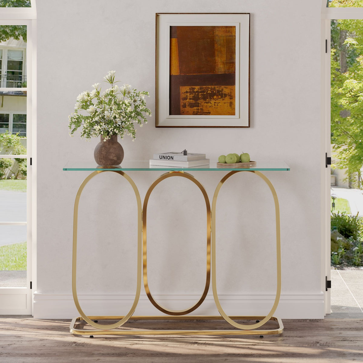 43.3' Modern Tempered Glass Console Table with Ring-Shaped Frames, Metal Frame and Clear Tempered Glass,Suitable for Living Room,Hallway,Corridor and Bedroom - Gold