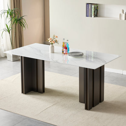 Modern Rectangular Dining Table, Tempered Glass with Marble Texture Top, Matte Gray Brushed Metal Legs, 4-6 Person Capacity, White Marble Finish, 69.30 Inch