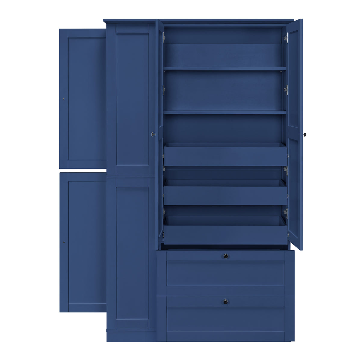 TOPMAX 73.6" Tall Farmhouse Kitchen Pantry Cabinet with 8 Shelves, 2 Drawers, 3 Pull-Out Trays, 4 Doors and Side Cabinets, Blue