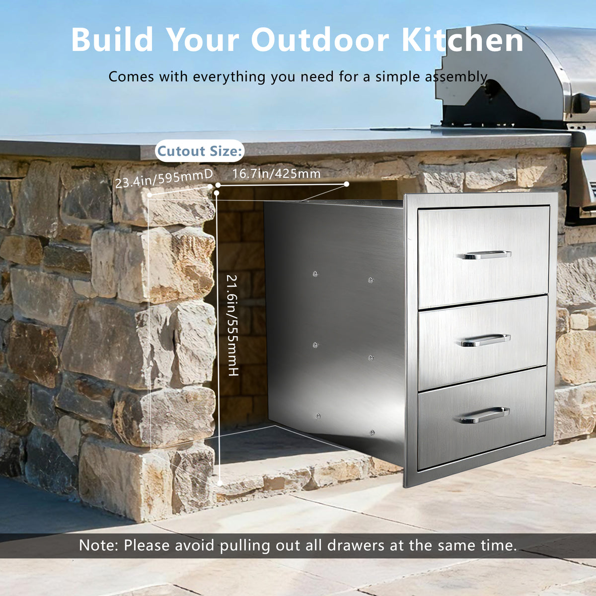 Outdoor Kitchen Drawers Stainless Steel, Flush Mount Triple Drawer,  18Wx23Hx23D with Stainless Steel Handle, BBQ Drawers for Outdoor Kitchens or BBQ Island