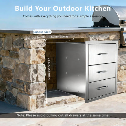 Outdoor Kitchen Drawers Stainless Steel, Flush Mount Triple Drawer,  18Wx23Hx23D with Stainless Steel Handle, BBQ Drawers for Outdoor Kitchens or BBQ Island