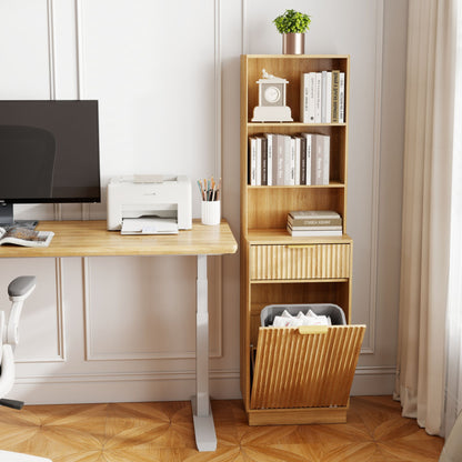 Tall Narrow Fluted Storage Cabinet with 10-Gallon Hidden Trash Bin Compartment, Freestanding Cabinet, Fixed Open Shelves & Drawer, Anti‑Tip for Kitchen Home‑Office Living Room (Trash Can NOT Included)