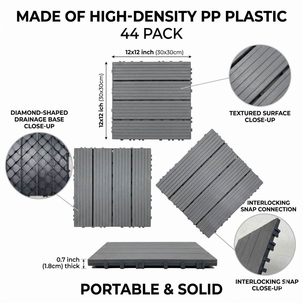 Plastic Interlocking Deck Tiles, 44 Pack 12"x12" Waterproof Non-Slip Outdoor Patio Flooring, All Weather Drainable Snap Together Decking Tiles for Poolside, Porch, Garden, Backyard & Shed Floor,Grey