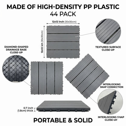 Plastic Interlocking Deck Tiles, 44 Pack 12"x12" Waterproof Non-Slip Outdoor Patio Flooring, All Weather Drainable Snap Together Decking Tiles for Poolside, Porch, Garden, Backyard & Shed Floor,Grey
