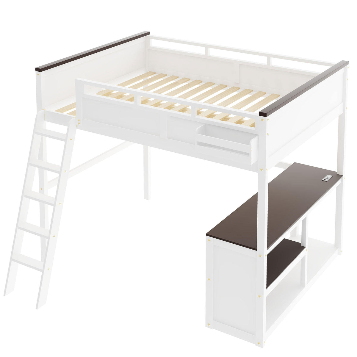 White Queen Size Loft Bed with Desk, Open Shelf, Storage Box and USB Charging Station, Pine+MDF