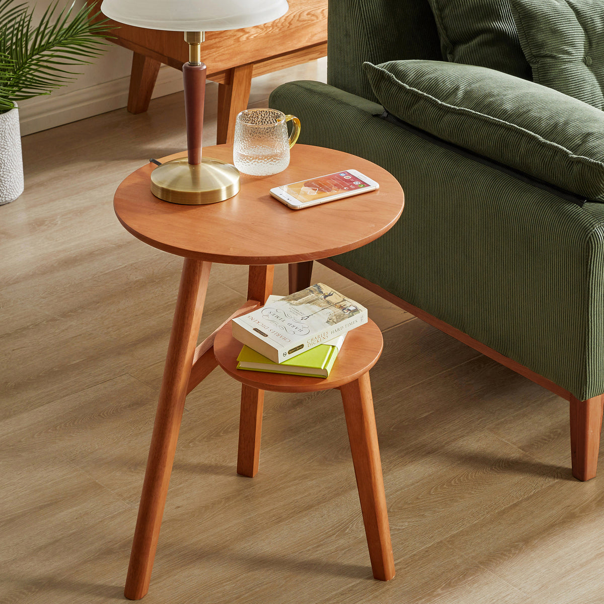 100% Solid Wood 2-Tier Side Table Sofa Side Table Living Room End Table Bedside Table,Solid Wood Round End Table, 2-Tier Small Side Table with Lower Storage Shelf