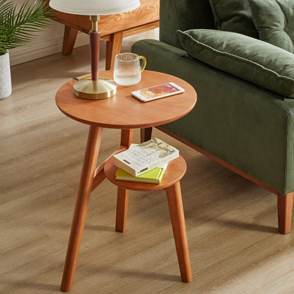 100% Solid Wood 2-Tier Side Table Sofa Side Table Living Room End Table Bedside Table,Solid Wood Round End Table, 2-Tier Small Side Table with Lower Storage Shelf