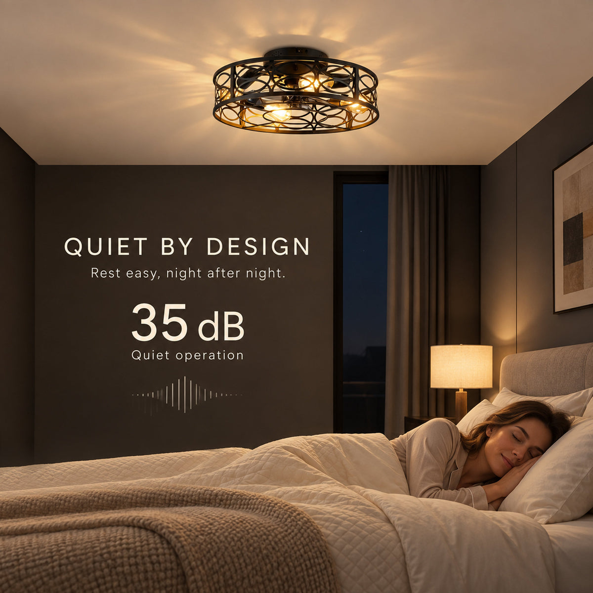 20 Inch Low Profile Caged Flush Mount Ceiling Fan with Light, Hollow Floral Metal Enclosed Fan, 6‑Speed Reversible Motor with Remote Control, Farmhouse Fan for Bedroom Kitchen Hallway Indoor