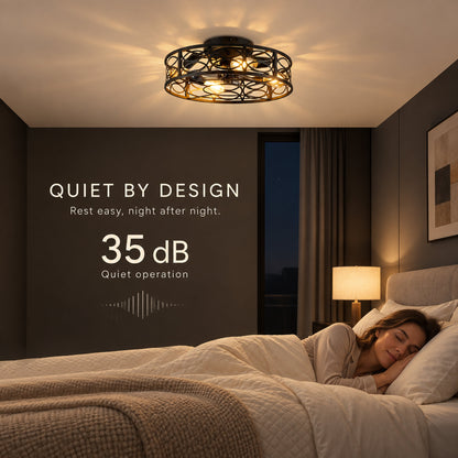 20 Inch Low Profile Caged Flush Mount Ceiling Fan with Light, Hollow Floral Metal Enclosed Fan, 6‑Speed Reversible Motor with Remote Control, Farmhouse Fan for Bedroom Kitchen Hallway Indoor