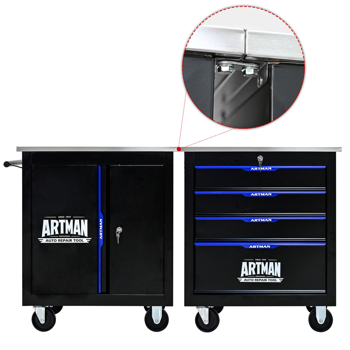 Movable Lockable Double Door Partition with Lock Multi-functional Hardware Storage Tool Car Auto Repair Locker--BLAK&BLUE