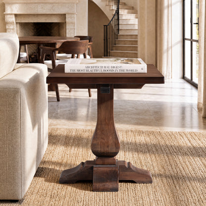 Whitmore 19.5' End Table Java Brown Reclaimed Pine Wood with Natural Grain and Sculptural Base