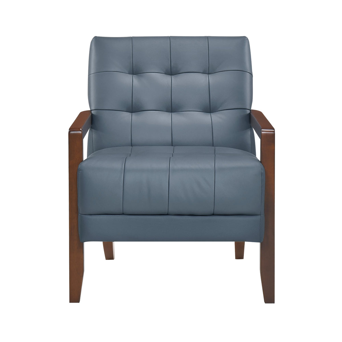 Modern Style Accent Chair Blue Leather Upholstered Tufted Detail Walnut Finish Wood Furniture 1pc