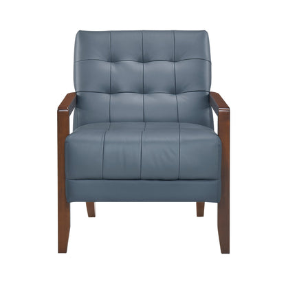 Modern Style Accent Chair Blue Leather Upholstered Tufted Detail Walnut Finish Wood Furniture 1pc