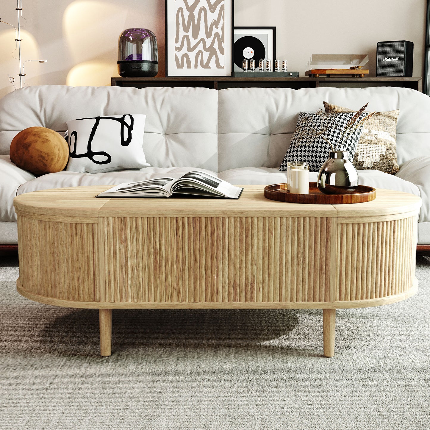 U-Can Minimalist Oval Lift-Top Coffee Table with Hidden Storage and Wood Wave Grain Finish