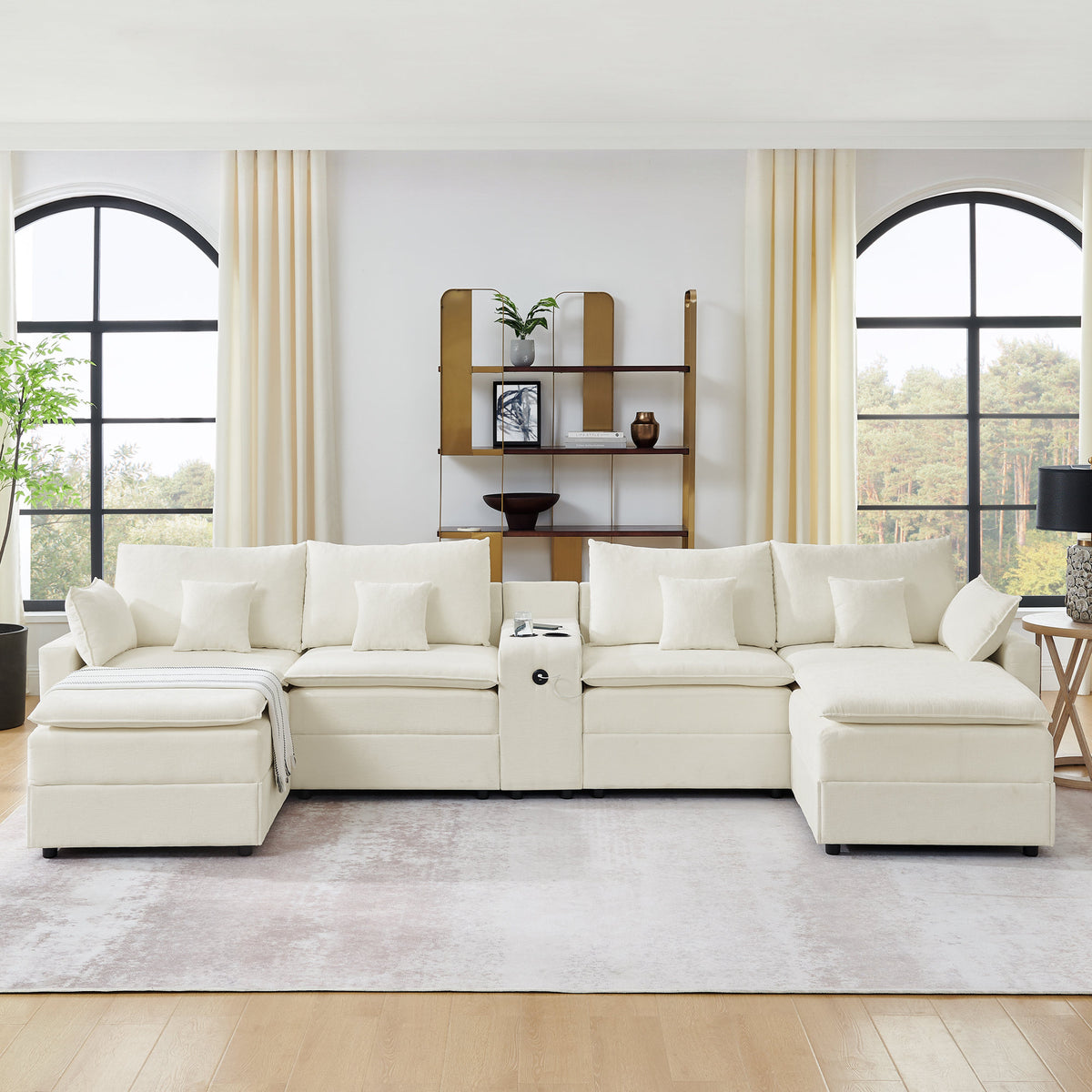 143.8'' U-shaped Modular Sectional Sofa with Center Console, Cup Holder, USB Charger,Movable Ottoman,Modern Comfy 4-6 Seater Chenille Cloud Couch for Spacious Living Room, Beige