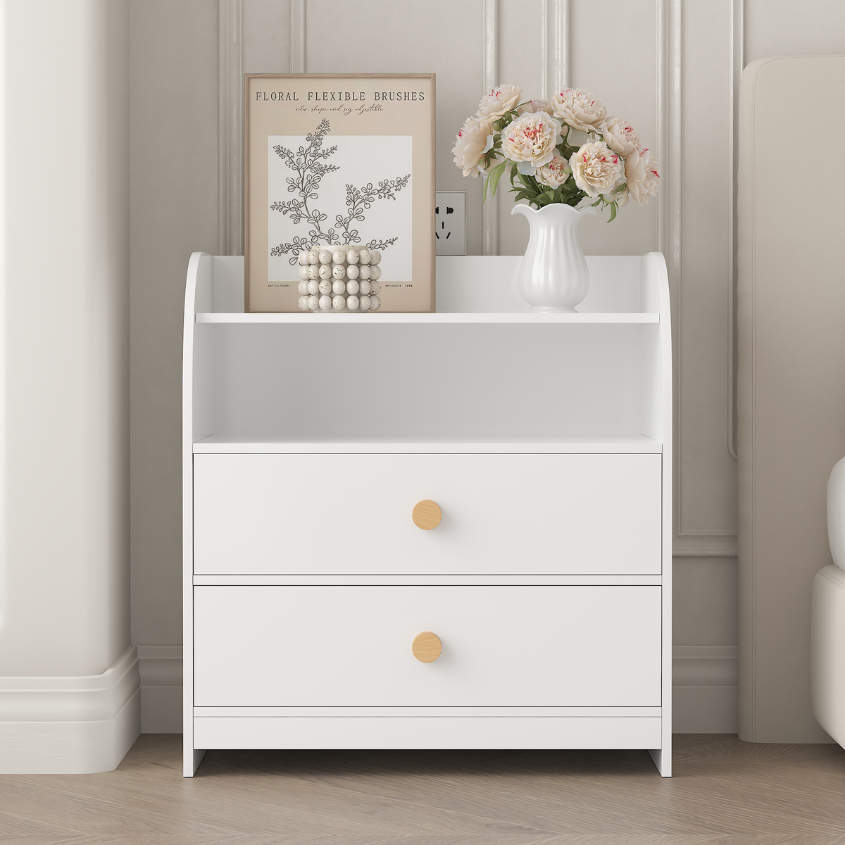 White Nightstand with 2 Drawers and Open Shelf, MDF Bedside Table with Curved Side Panels, Modern End Table for Bedroom, Kids Room, Nursery, Living Room, Storage Cabinet for Adults and Children
