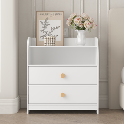White Nightstand with 2 Drawers and Open Shelf, MDF Bedside Table with Curved Side Panels, Modern End Table for Bedroom, Kids Room, Nursery, Living Room, Storage Cabinet for Adults and Children