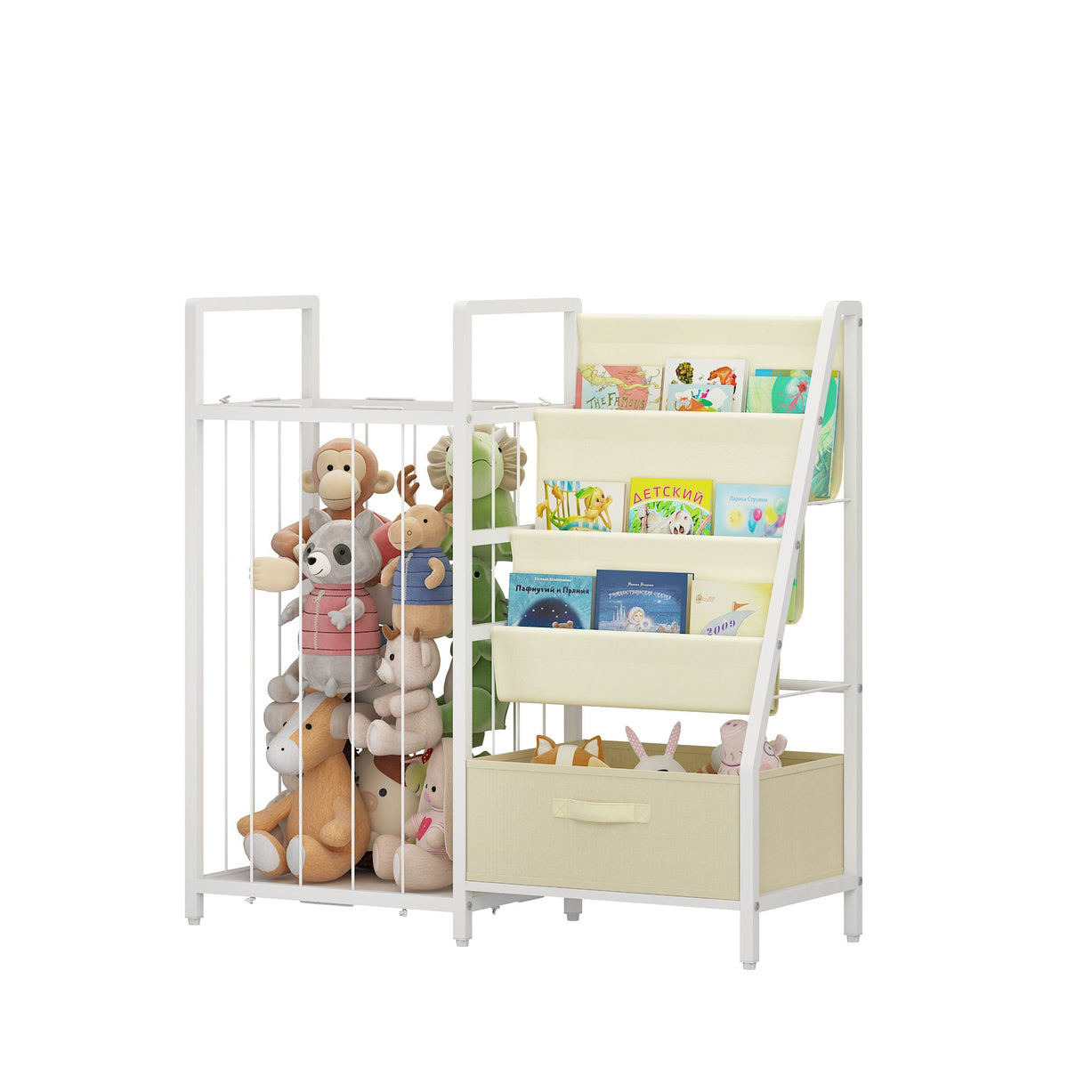 Kids Bookshelf and Toy Storage Organizer, Dual-Sided Children Bookshelf with Figure Display Storage and Book Sling Pockets, Toy Organizer for Playroom, Bedroom and Nursery