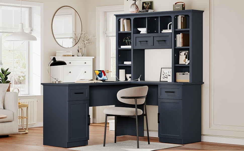 L-Shaped Computer Desk with 2 Cabinets and 2 Drawers, 11 Open Shelves and 1 Right Flip Shelf with Storage, with Power Outlet, Antique Blue