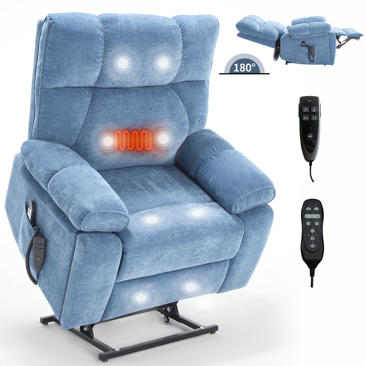 Blue Heat Massage Dual Motor Infinite Position Up to 350 LBS Large Electric Power Lift Recliners with Hidden Cup Holders, Power-Remote