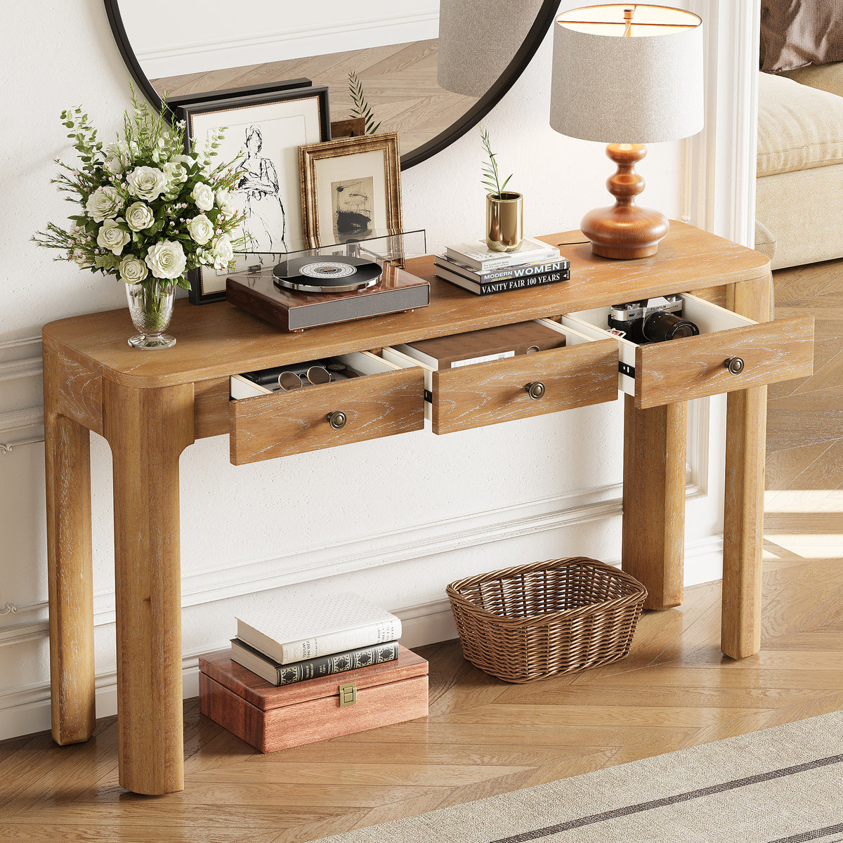 TREXM Rustic Console Table with Curved Corners for Safety, Entryway Table with 3 Concealed Drawers
