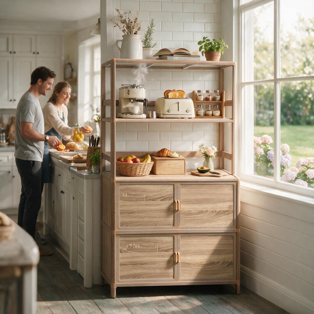 Tall Storage Cabinet with Open Shelving, 35.00" W x 16.73" D x 68.11" H, Freestanding Wood-Grain Aluminum Storage Cabinet with 4-Door Closed Storage for Kitchen, Entryway, Patio & Garage