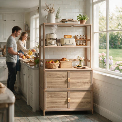 Tall Storage Cabinet with Open Shelving, 35.00" W x 16.73" D x 68.11" H, Freestanding Wood-Grain Aluminum Storage Cabinet with 4-Door Closed Storage for Kitchen, Entryway, Patio & Garage