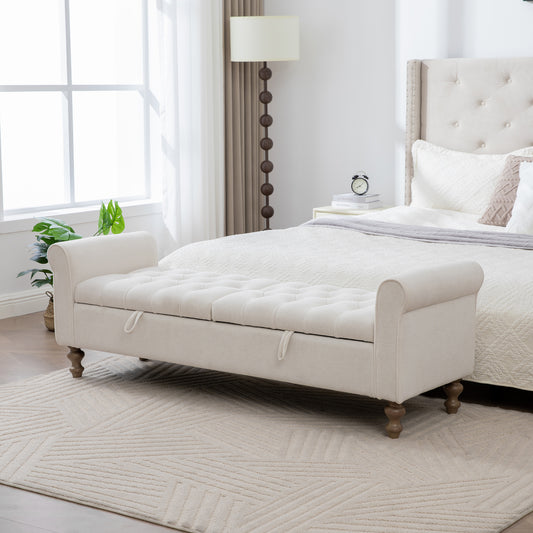 65.75" Wide Modern Upholstered  Storage Bench With Double Lids, Napped fabric Foot Stool With Rolled Armrest, Bench Daybed With Rubberwood Legs For Living Room, Entryway, Dormitory, Bedroom,Beige