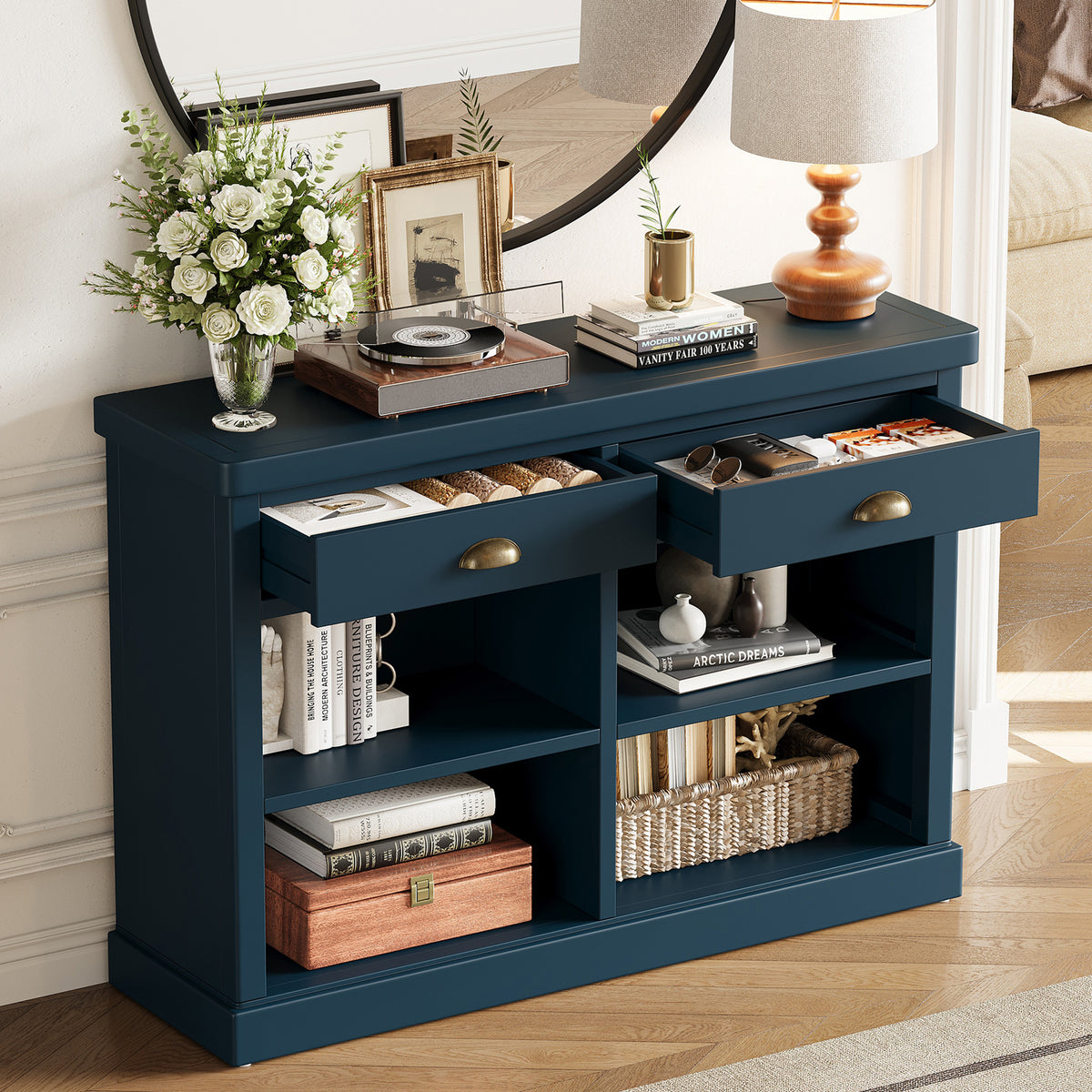 TREXM Console Table with 2 Drawers and Open Storage Shelves, Entryway Table for Living Room, Hallway and Dining Room (Navy)