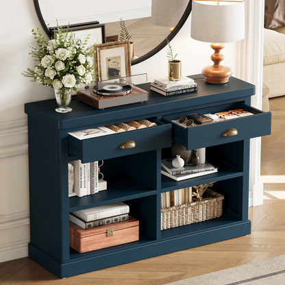 TREXM Console Table with 2 Drawers and Open Storage Shelves, Entryway Table for Living Room, Hallway and Dining Room (Navy)