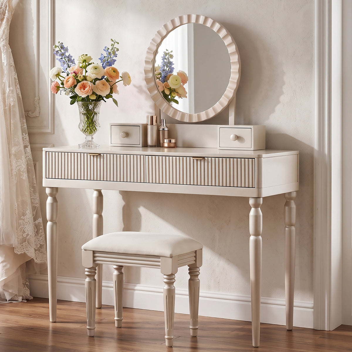 Luxury Vanity Desk with Round Mirror,Height-Adjustable, Stylish Dressing Table Set, 4 Drawers & Stool, Champagne