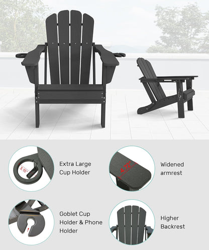 Adjustable HDPE Adirondack Chair, Grey, 3-Position Reclining ,Foldable, Cup & Phone Holders, All-Weather Outdoor