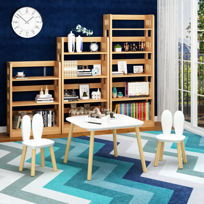 Rabbit Themed Kids Table and 2 Chairs Set, White Solid Wood & MDF Play Table with Rounded Edges