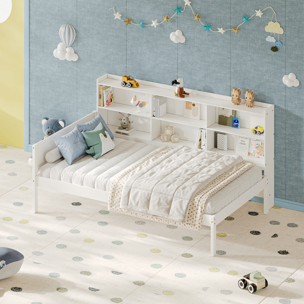 Twin Size Solid Wood Single Bed with Large Multi-compartment Storage Headboard Bookshelf, Simple Solid Wood Bed Frame, Multi-functional Storage Bed for Bedroom,White