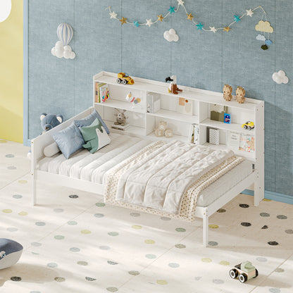 Twin Size Solid Wood Single Bed with Large Multi-compartment Storage Headboard Bookshelf, Simple Solid Wood Bed Frame, Multi-functional Storage Bed for Bedroom,White