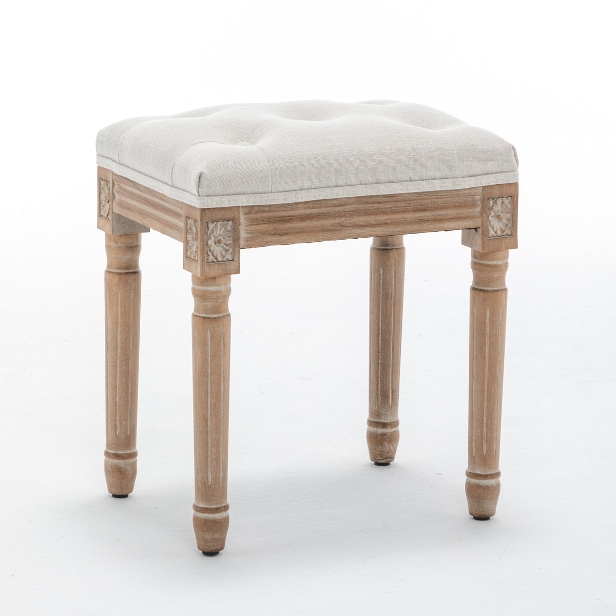 Tufted Vanity Stool with Linen Upholstery & Carved Solid Wood Legs, Dressing Bench for Bedroom, Beige