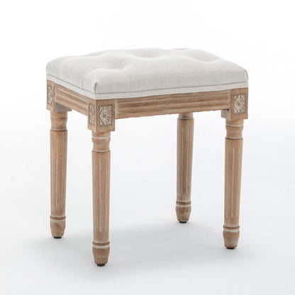 Tufted Vanity Stool with Linen Upholstery & Carved Solid Wood Legs, Dressing Bench for Bedroom, Beige