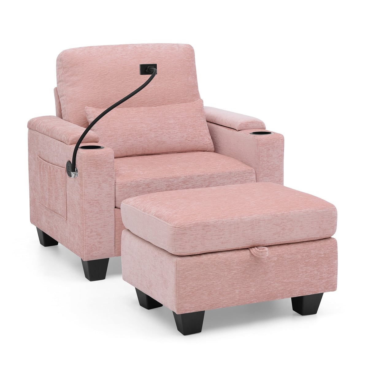 Single sofa recliner with manually adjustable backrest, USB charging port on the armrest side, phone stand included, hidden armrest storage, and a matching storage ottoman-Pink