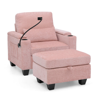 Single sofa recliner with manually adjustable backrest, USB charging port on the armrest side, phone stand included, hidden armrest storage, and a matching storage ottoman-Pink