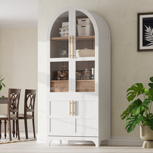 K&K 71' Tall Arched Kitchen Pantry Cabinet with Door Shelves, Farmhouse Kitchen Storage Cabinet with Open & Adjustable Shelves, Hidden Drawer & Glass Door, Cupboard for Kitchen, Dining Room, White