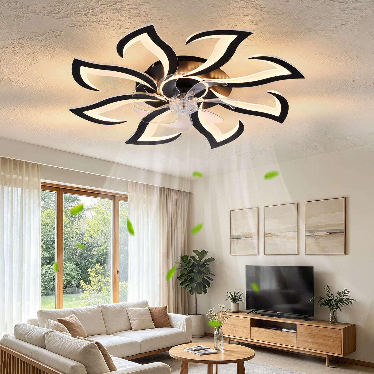 Black Flower Modern Ceiling Fan with LED Dimmable Light, 32inch Flush Mount Ceiling Fan with Remote Control for Bedroom, High-Efficiency DC Motor, 6-Speeds, Timing Function