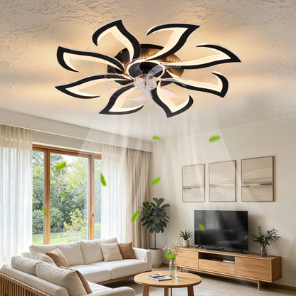 Black Flower Modern Ceiling Fan with LED Dimmable Light, 32inch Flush Mount Ceiling Fan with Remote Control for Bedroom, High-Efficiency DC Motor, 6-Speeds, Timing Function