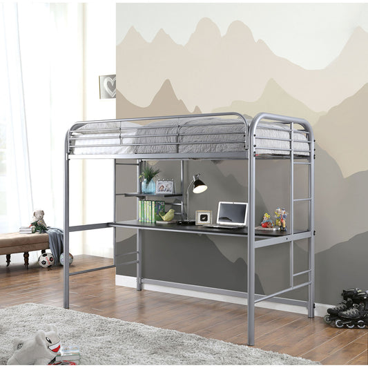 Metal Construction Twin Size Loft bed Attached Ladder Built In Workstation Silver Finish Bedroom Furniture