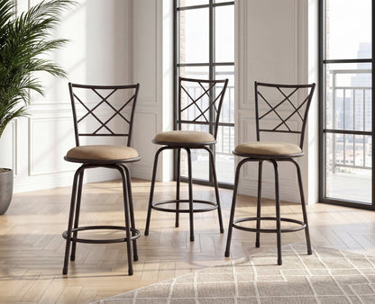 Set of 3 Convertible Chairs Swivel Counter Height, Pub Height Bar Stools Plush Rotating Seats Iron Frame Dark Brown Traditional Dining Furniture