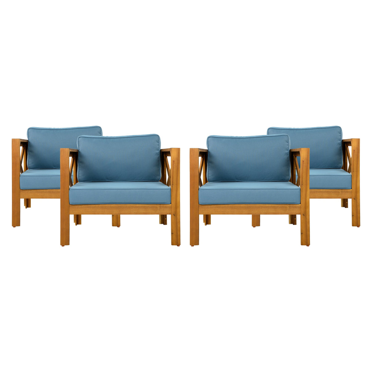 Outdoor Acacia Wood Club Wooden Armchair with Cushions (Set of 2), Conversation Set,Teak Finish,Blue cushion